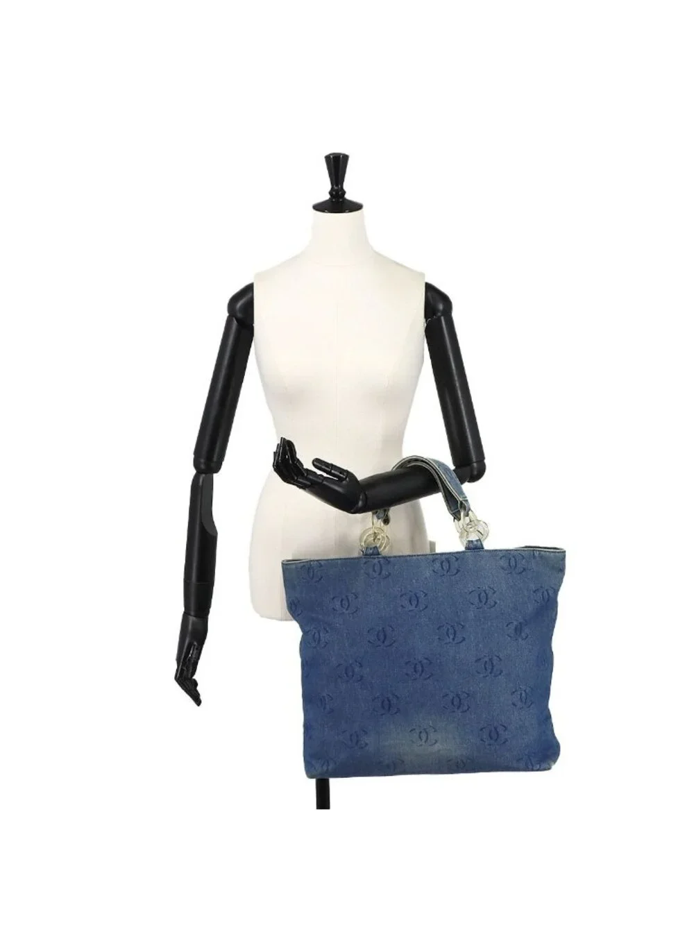 Chanel Plastic Chain Tote Bag Denim Blue Vintage Silver CC Logo
